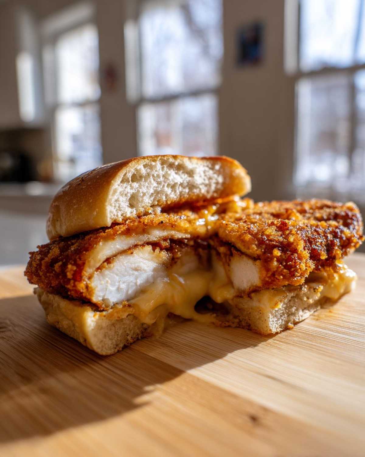 Close-up of a Crispy Chicken Burger with Melty Cheese cut in half, showing the thick, juicy chicken fillet and oozing cheese.