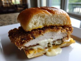 Cross-section view of a Crispy Chicken Burger with Melty Cheese showing the thick, golden-brown fried chicken patty and oozing white cheese.