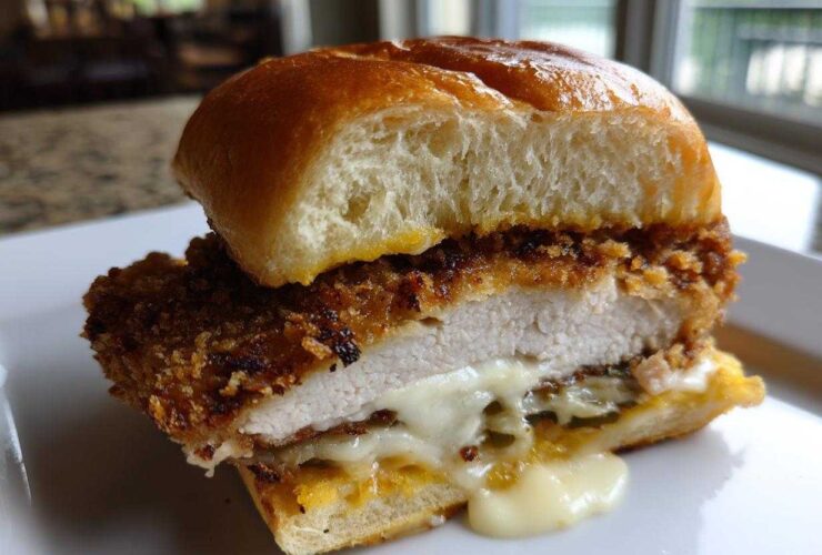Cross-section view of a Crispy Chicken Burger with Melty Cheese showing the thick, golden-brown fried chicken patty and oozing white cheese.