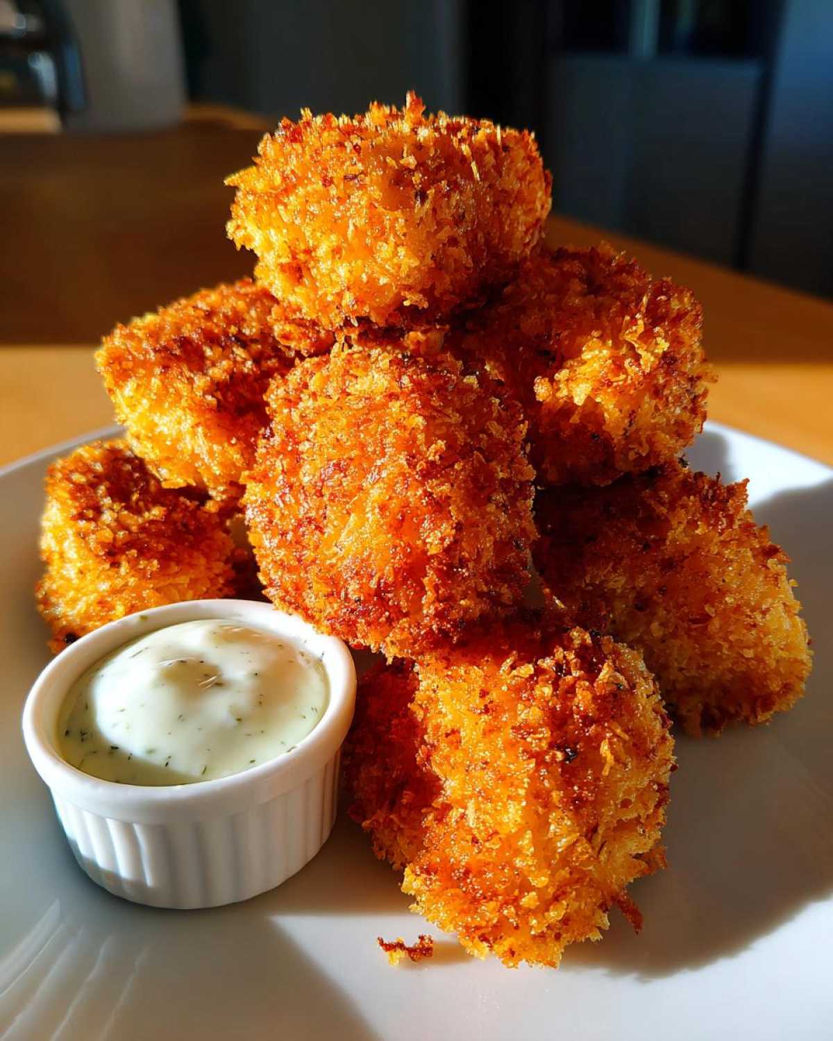 A stack of golden brown, extra crispy chicken nuggets served with a small white ramekin of creamy garlic dip.
