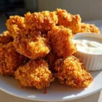 A pile of golden brown, crispy chicken nuggets served with a small white ramekin of creamy garlic dip.