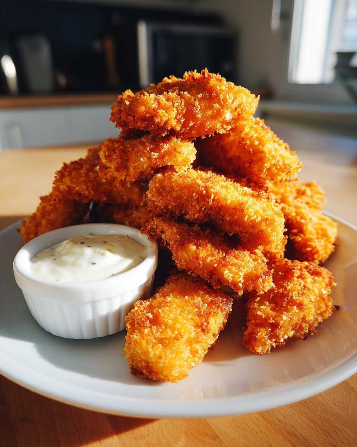 A pile of golden brown Crispy Chicken Nuggets served with a small white ramekin of creamy garlic dip.