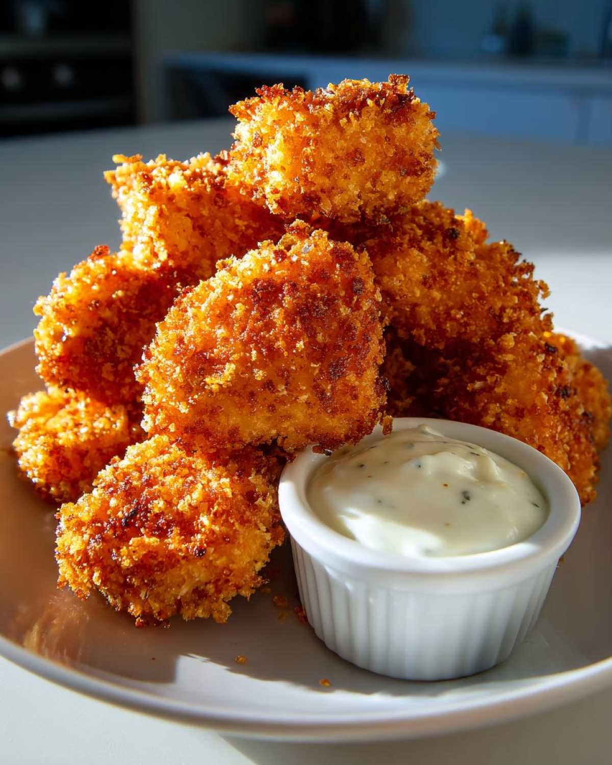 A stack of golden brown Crispy Chicken Nuggets served next to a small white ramekin of creamy garlic dip.