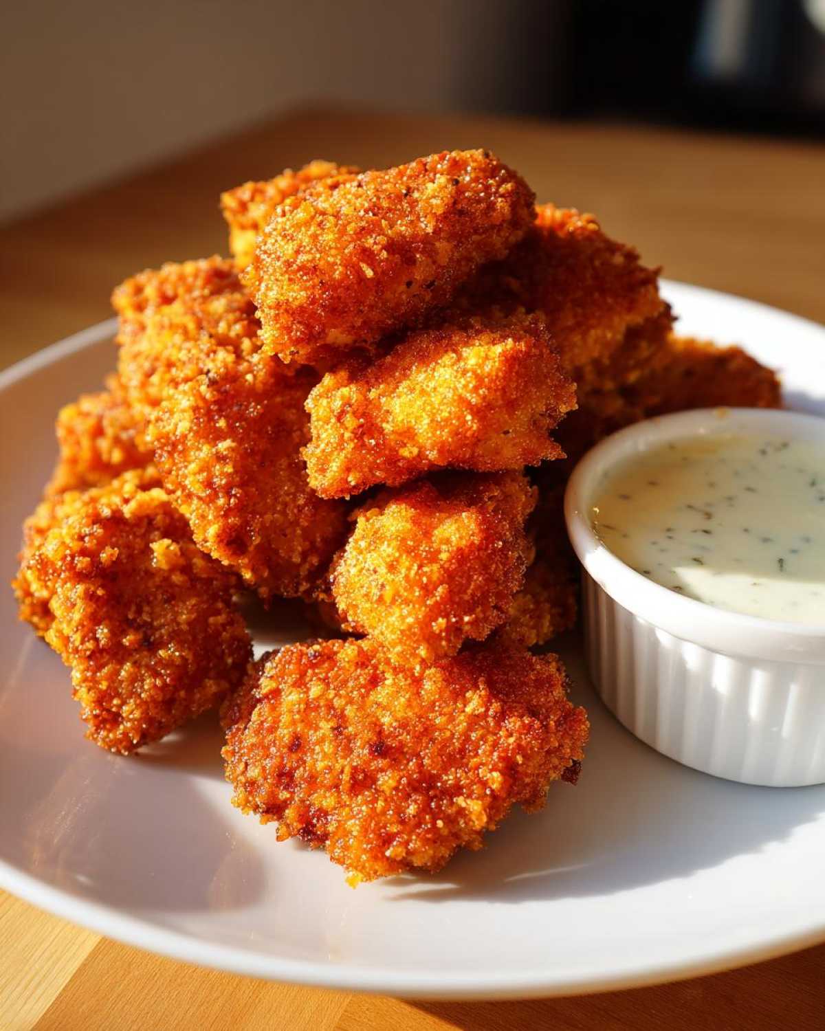A pile of golden brown Crispy Chicken Nuggets served on a white plate next to a small ramekin of creamy garlic dip.
