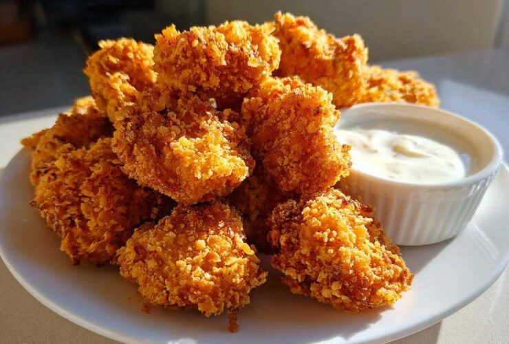 A pile of golden brown, crispy chicken nuggets served with a small white ramekin of creamy garlic dip.