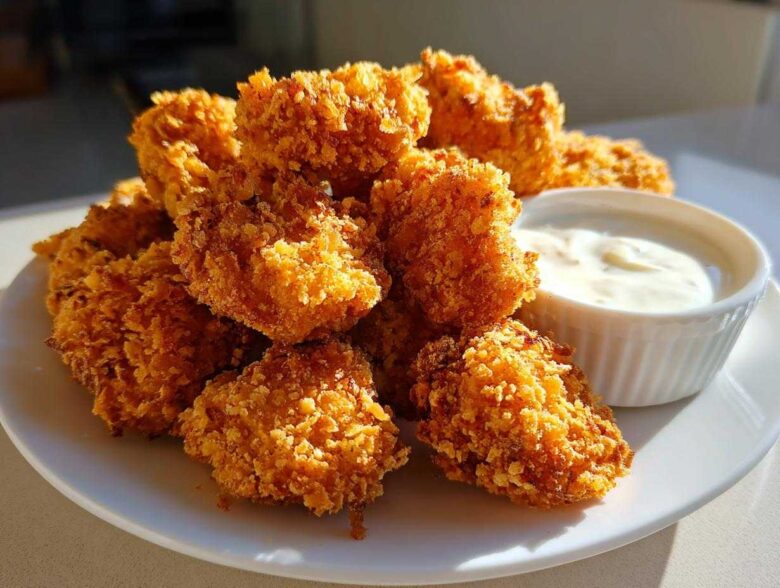 A pile of golden brown, crispy chicken nuggets served with a small white ramekin of creamy garlic dip.