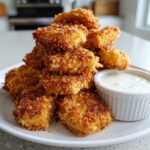 A tall stack of golden brown Crispy Chicken Nuggets served on a white plate next to a small bowl of creamy garlic dip.