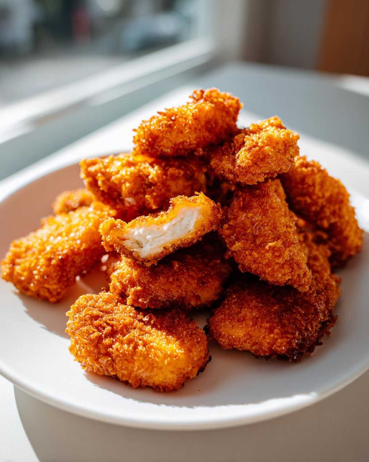 A pile of golden brown Crispy Chicken Nuggets Homemade Extra Crunchy on a white plate, one nugget is broken open showing white meat.