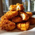 A stack of golden brown, extra crunchy homemade chicken nuggets piled on a white plate.