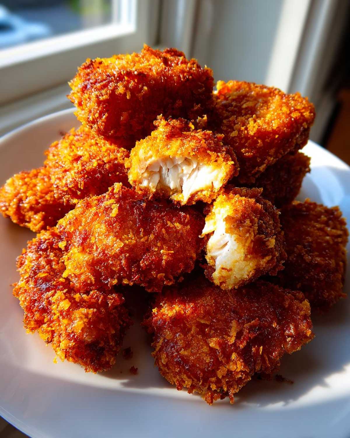 A pile of golden brown Crispy Chicken Nuggets Homemade Extra Crunchy, with one nugget broken open showing the white meat inside.
