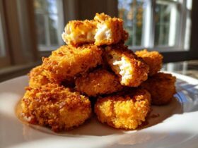 A stack of golden brown, extra crunchy homemade chicken nuggets piled on a white plate.