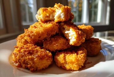 A stack of golden brown, extra crunchy homemade chicken nuggets piled on a white plate.