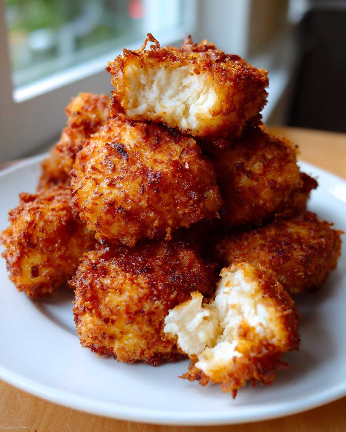 A stack of golden brown, extra crunchy homemade Crispy Chicken Nuggets Homemade Extra Crunchy, one broken open to show the white interior.