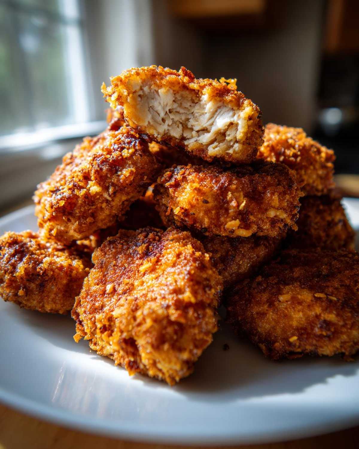 A stack of golden brown Crispy Chicken Nuggets Homemade Extra Crunchy, with one nugget broken open showing the white chicken interior.