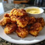 A plate piled high with golden brown Crispy Chicken Nuggets next to a small bowl of bright yellow honey mustard dip.