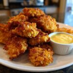 A pile of golden brown Crispy Chicken Nuggets served on a white plate next to a small ramekin of bright yellow honey mustard dip.