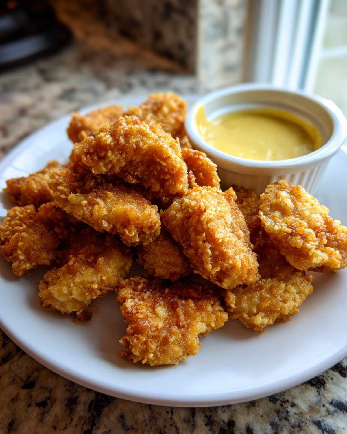 A plate of golden brown, crispy chicken nuggets served with a small ramekin of bright yellow honey mustard dip.