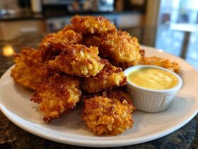 A pile of golden brown Crispy Chicken Nuggets served on a white plate next to a small ramekin of bright yellow honey mustard dip.