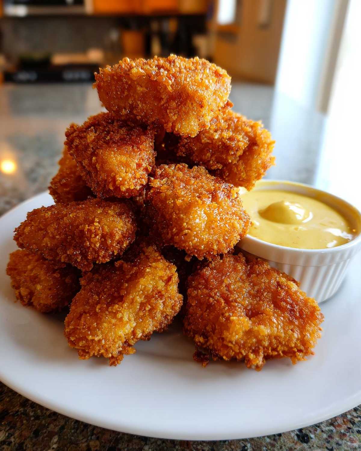 A stack of golden brown Crispy Chicken Nuggets served on a white plate next to a small bowl of honey mustard dip.