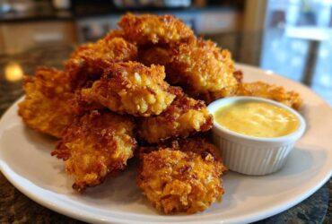 A pile of golden brown Crispy Chicken Nuggets served on a white plate next to a small ramekin of bright yellow honey mustard dip.