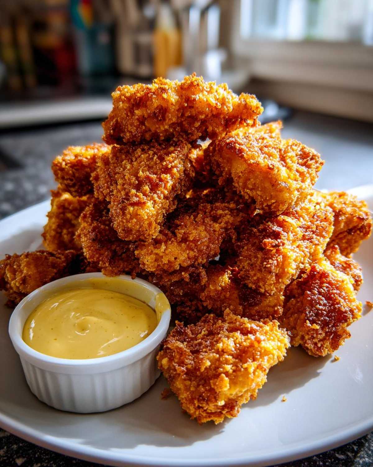 A tall pile of golden brown, crispy chicken nuggets served with a side of creamy honey mustard dip.