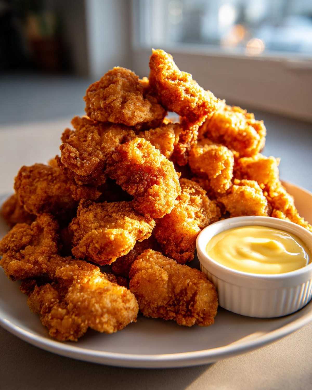 A tall pile of golden brown Crispy Chicken Nuggets served on a light plate next to a small white ramekin of honey mustard dip.