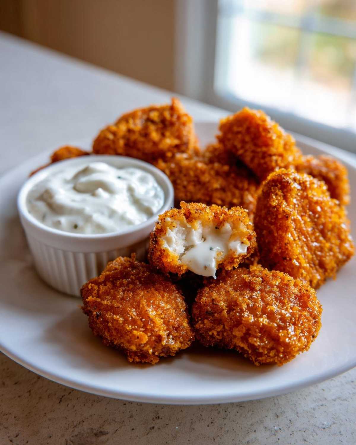 Golden brown Crispy Chicken Nuggets piled on a white plate next to a small bowl of creamy Ranch Dip.