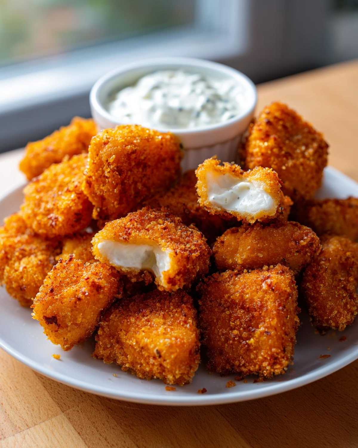 A plate piled high with golden brown Crispy Chicken Nuggets, one nugget broken open to show the white interior, served with a side of ranch dip.
