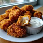 A plate piled high with golden, crunchy Crispy Chicken Nuggets with Ranch Dip, one nugget broken open to show the white interior.