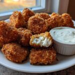 A plate piled high with golden brown Crispy Chicken Nuggets, one is broken open showing the white interior, served with a side of creamy ranch dip.