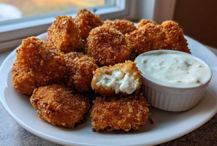 A plate piled high with golden brown Crispy Chicken Nuggets, one is broken open showing the white interior, served with a side of creamy ranch dip.