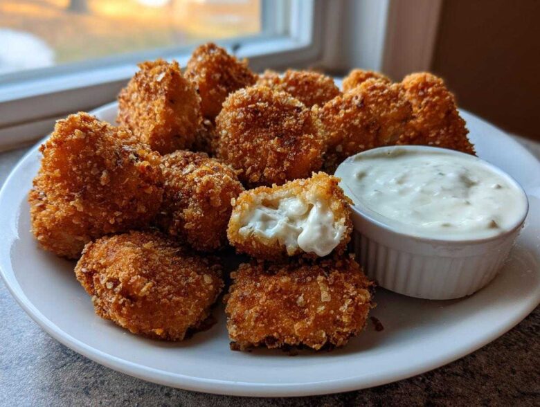 A plate piled high with golden brown Crispy Chicken Nuggets, one is broken open showing the white interior, served with a side of creamy ranch dip.
