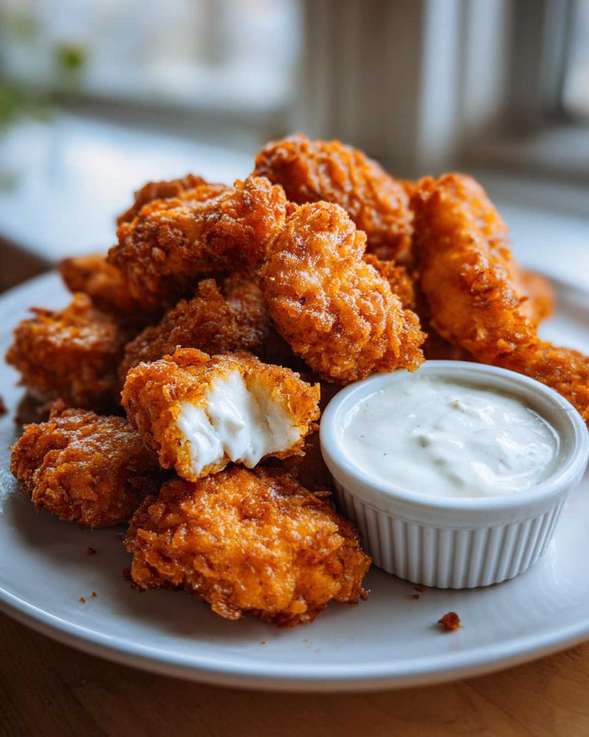 A pile of golden brown Crispy Chicken Nuggets with Ranch Dip, one nugget is broken open showing the white interior.