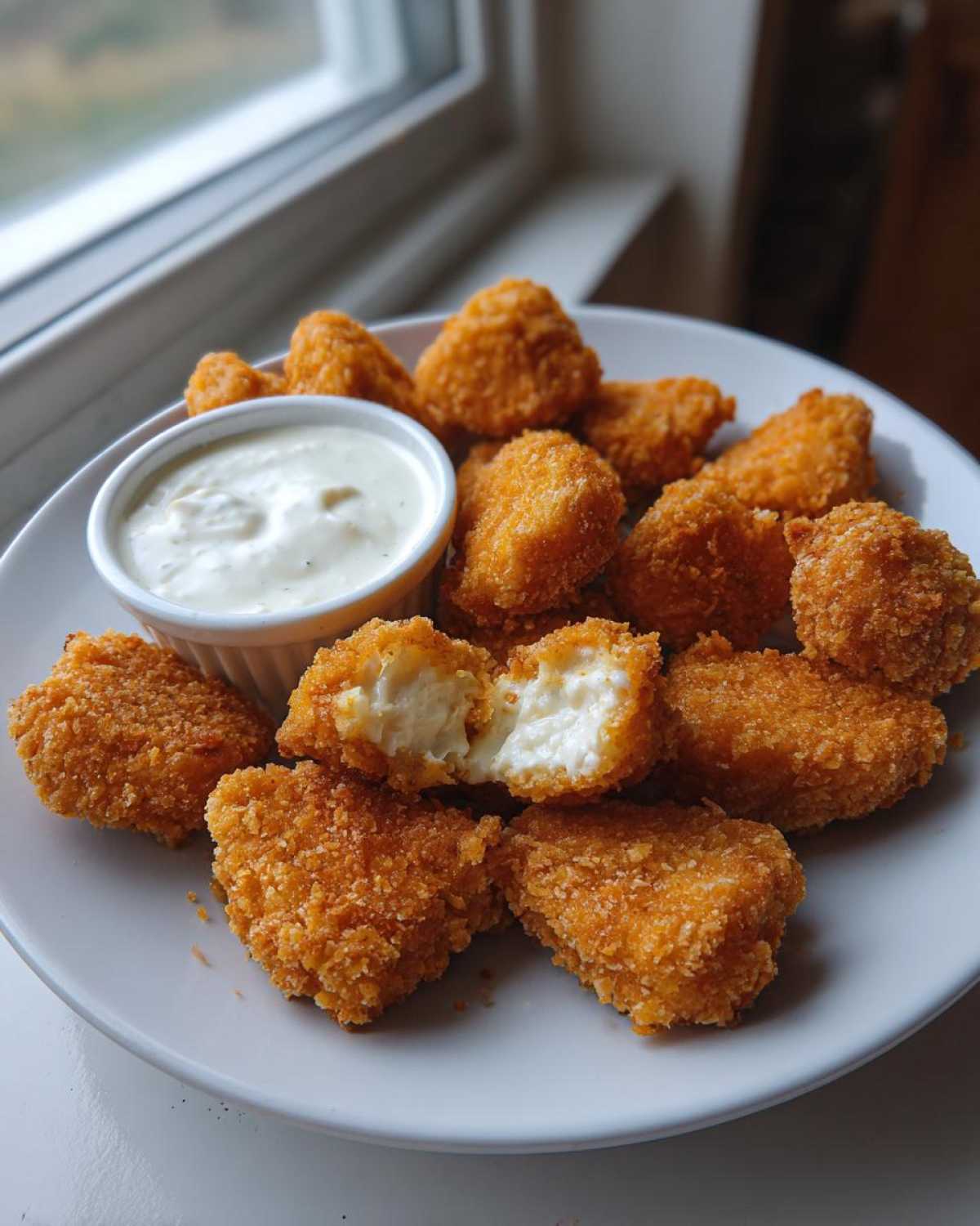 A plate of golden, crispy chicken nuggets served with a side of creamy ranch dip. One nugget is broken open.