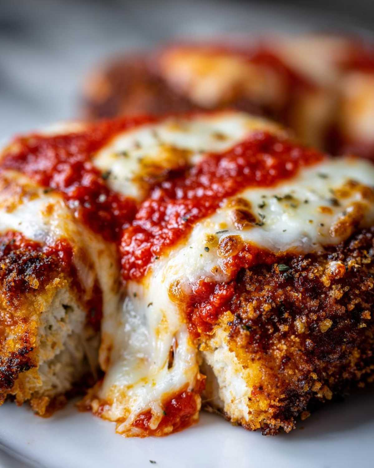 Extreme close-up showing the crispy breading and melty cheese pull of Crispy Chicken Parmesan topped with marinara sauce.