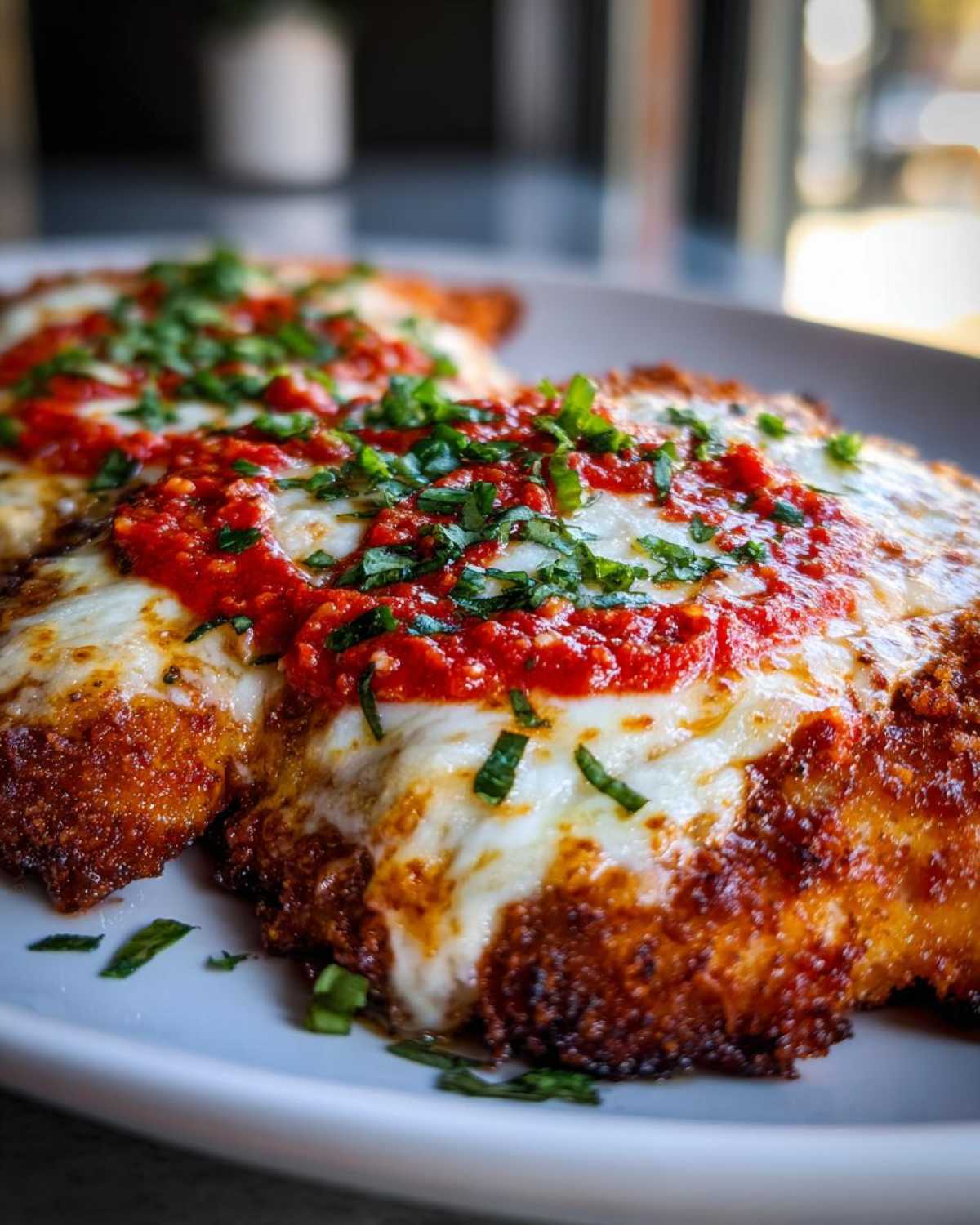 Close-up of a perfectly golden, crispy chicken parmesan topped with melted mozzarella and bright red marinara sauce, garnished with fresh basil.