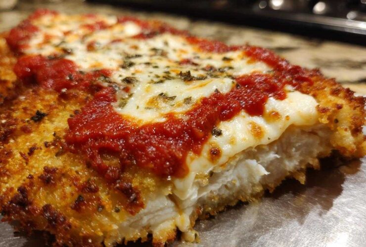 A close-up cross-section of Crispy Chicken Parmesan with melty cheese, bright red marinara sauce, and herbs.
