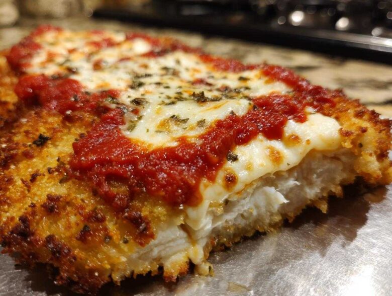 A close-up cross-section of Crispy Chicken Parmesan with melty cheese, bright red marinara sauce, and herbs.
