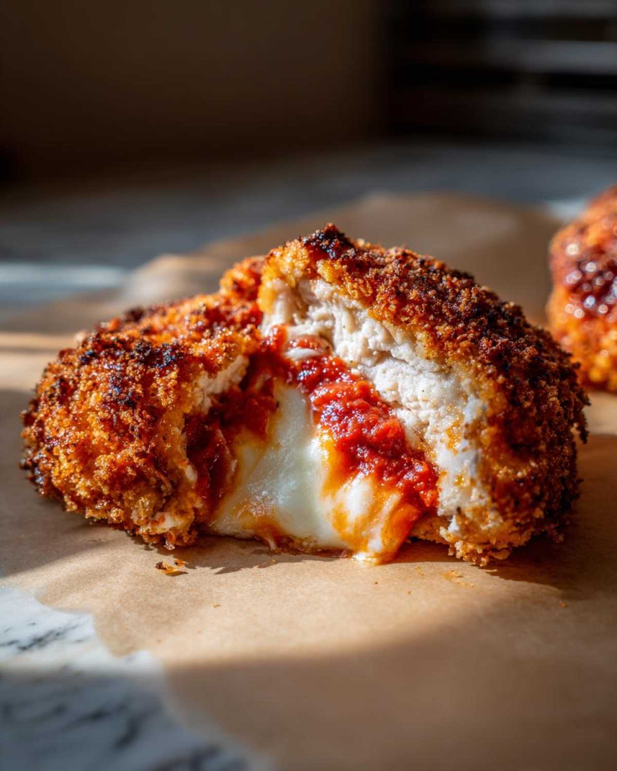 Close-up of Crispy Chicken Parmesan cut in half showing melted mozzarella cheese and tomato sauce inside the golden breading.