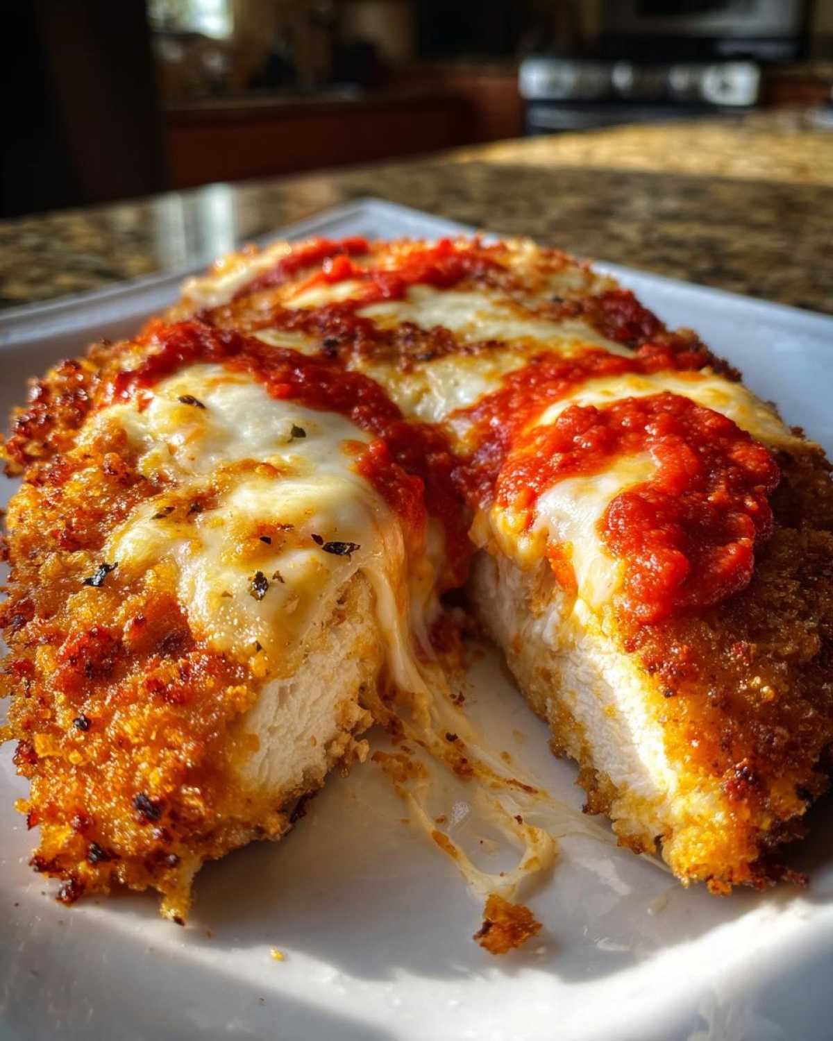 Close-up of Crispy Chicken Parmesan cut open showing melty mozzarella cheese pull and rich tomato sauce.