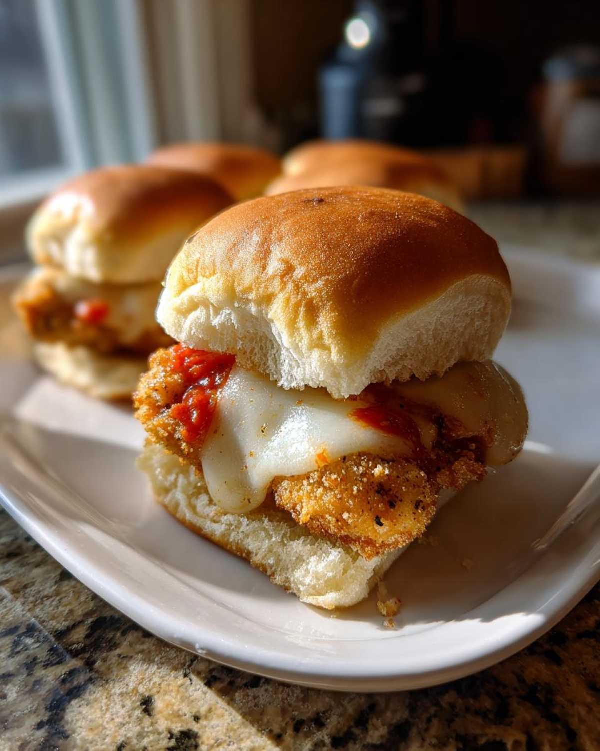 A close-up of one of the Crispy Chicken Parmesan Sliders with Cheese, featuring melted mozzarella and marinara sauce on a soft roll.