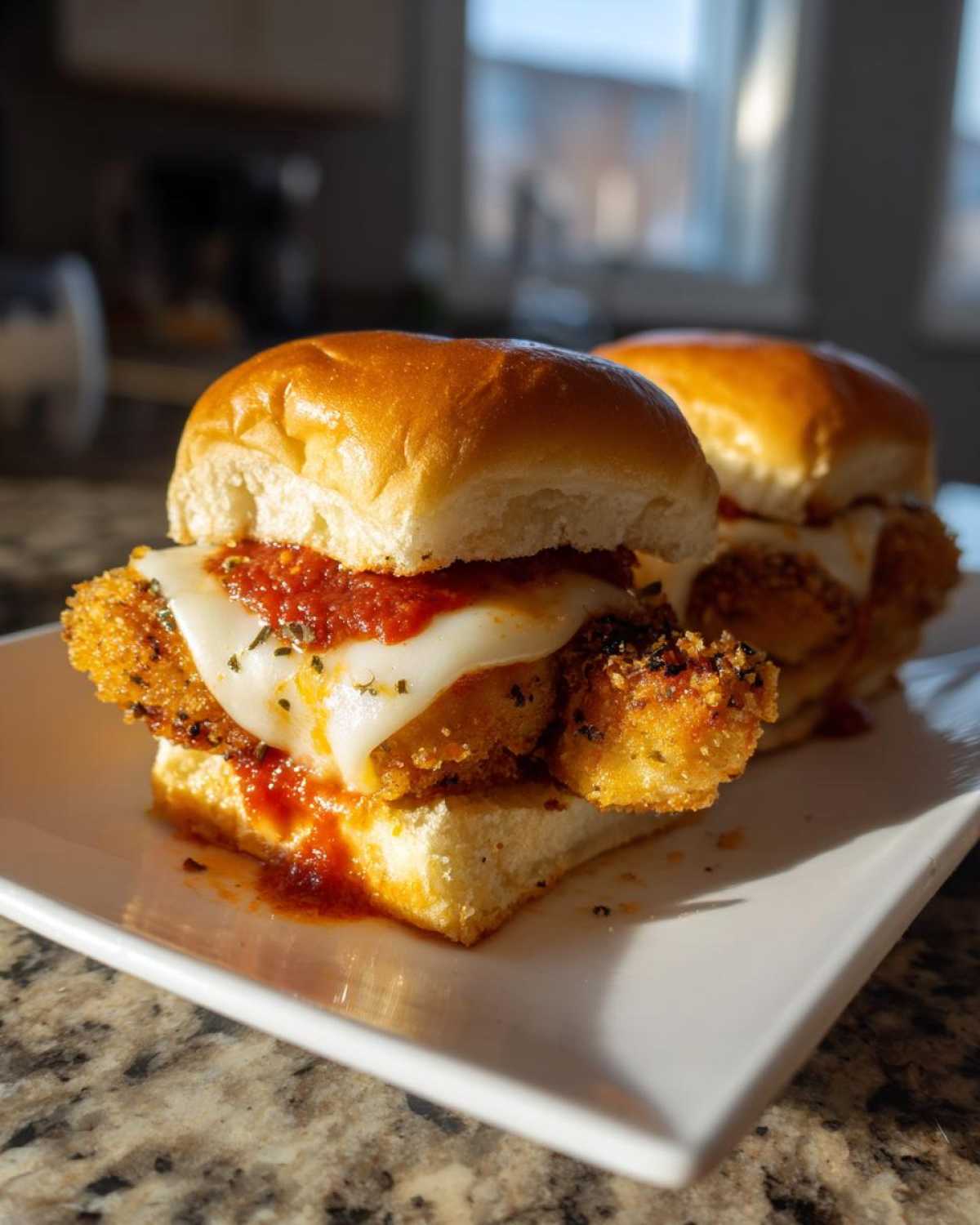 A close-up of one of the Crispy Chicken Parmesan Sliders with Cheese, featuring a golden fried chicken patty, melted mozzarella, and marinara sauce on a slider bun.