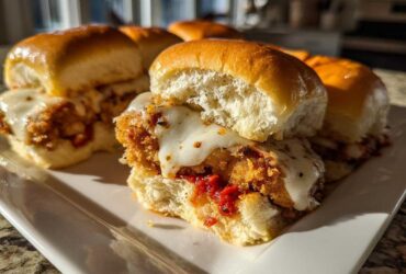Close-up of Crispy Chicken Parmesan Sliders with melted mozzarella cheese on soft slider buns.