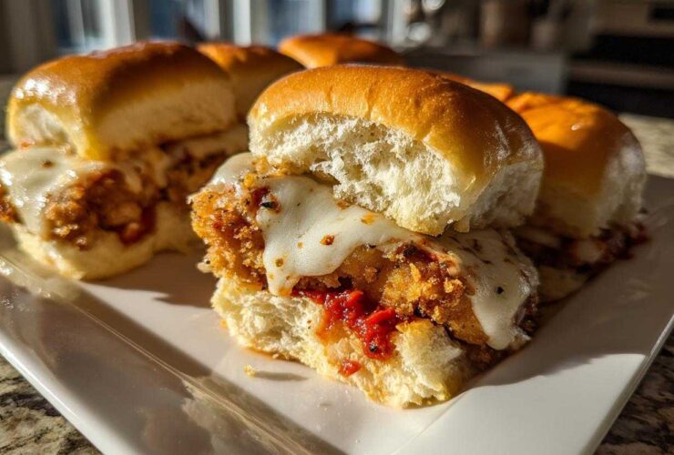 Close-up of Crispy Chicken Parmesan Sliders with melted mozzarella cheese on soft slider buns.