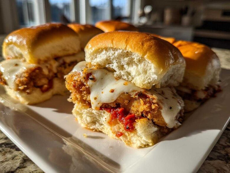 Close-up of Crispy Chicken Parmesan Sliders with melted mozzarella cheese on soft slider buns.