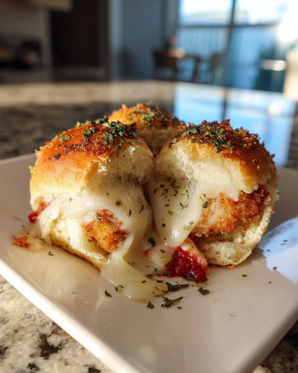 Close-up of three Crispy Chicken Parmesan Sliders with Cheese oozing melted mozzarella and topped with herbs.