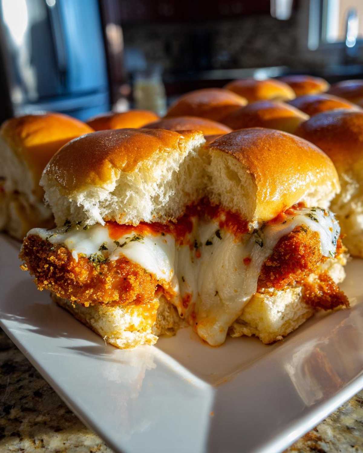 Close-up of a Crispy Chicken Parmesan Slider cut in half showing melted mozzarella cheese and marinara sauce.