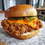 A close-up of a delicious Crispy Chicken Sandwich with Honey Sauce, topped with melted cheese and pickles.