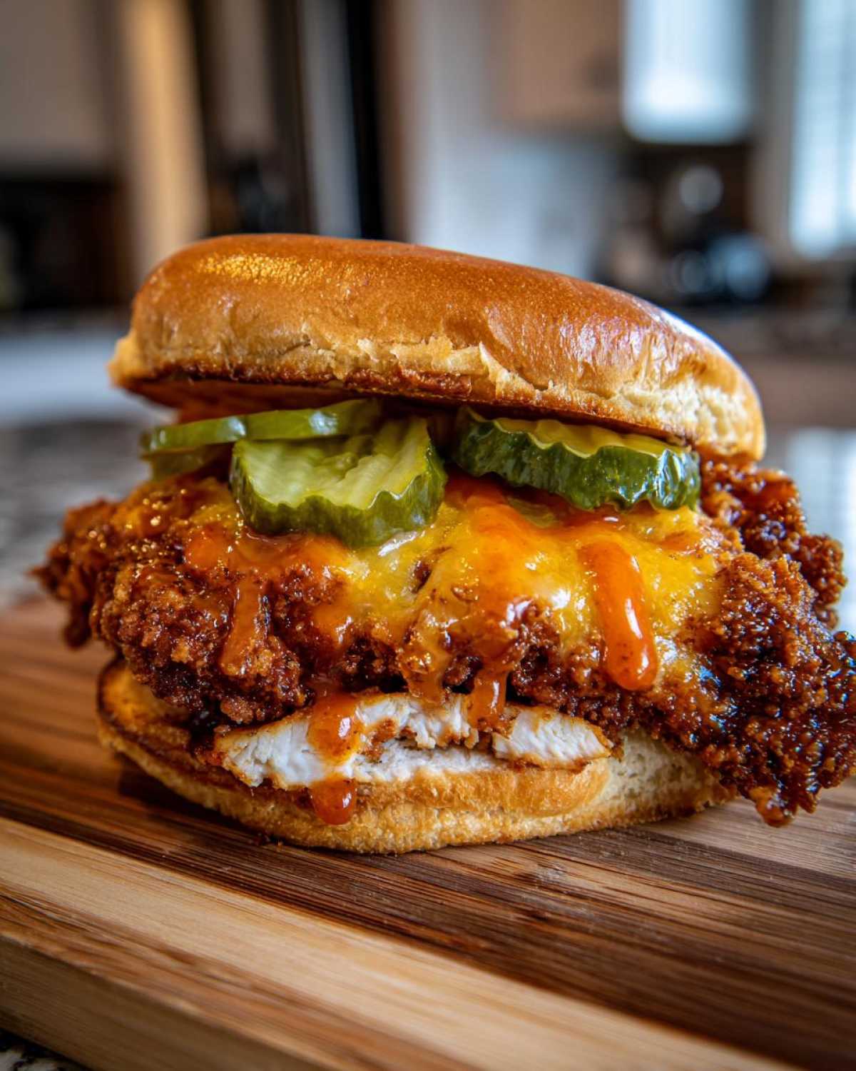 A close-up of a Crispy Chicken Sandwich with Honey Sauce, topped with melted cheese and dill pickles on a brioche bun.