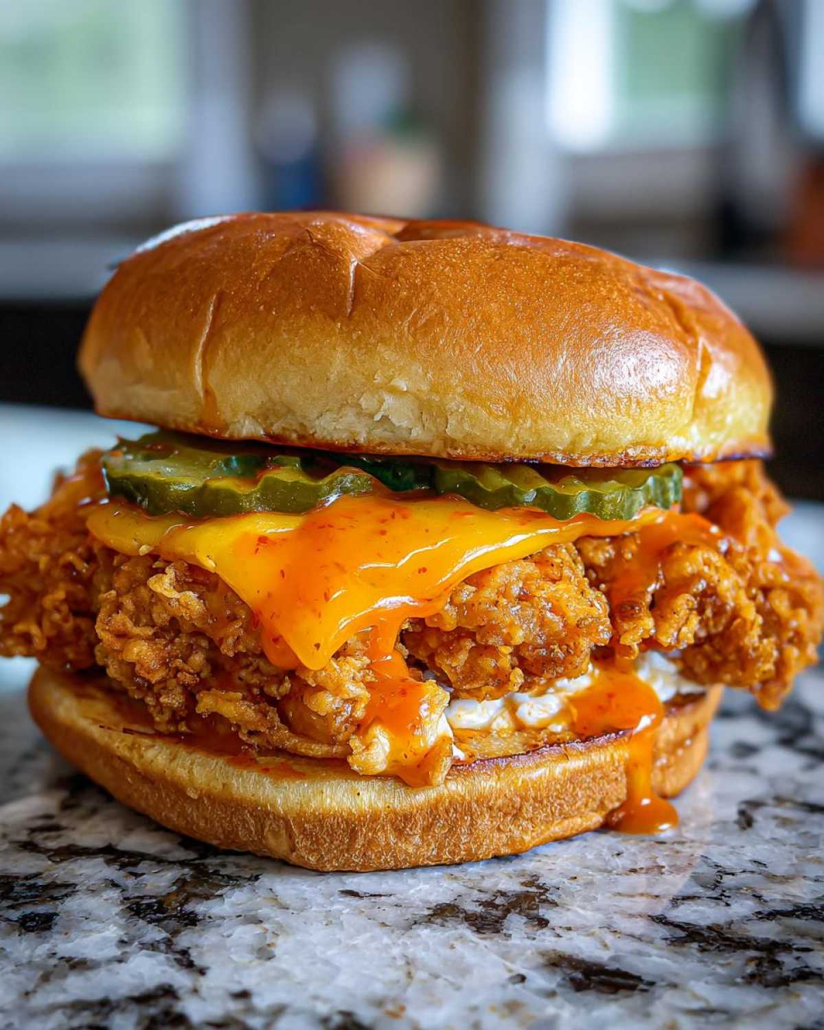 A close-up of a juicy Crispy Chicken Sandwich with Honey Sauce, melted cheese, and pickles on a brioche bun.
